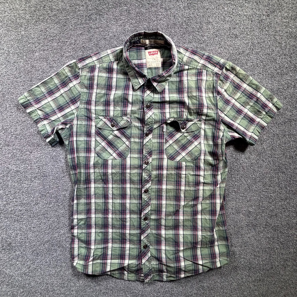 Levi's Mens Large Green Plaid Cotton Short Sleeve Button Up Workwear Shirt